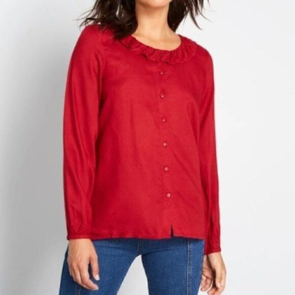 Modcloth Ruffle Collar Blouse The Frill Of It Top Red S - Picture 2 of 12